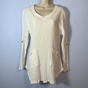 Focus size large White Textured Long Sleeve crinkle v neck pockets linen cotton